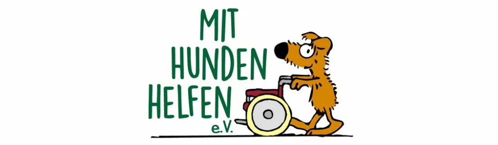 Eine Zeichnung von Heinz Grundel zeigt einen skizzierten Hund der auf seinen Hinterläufen einen Rollstuhl schiebt mit dem Text "Mit Hunden Helfen e.v."