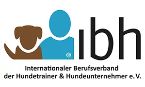 Ein brauner Hund,ein Blauer Menschen stehen neben dem Kürzel ibh, was ausgeschrieben bedeutet: "Internationaler Berufsverband der Hundetrainer & Hundeunternehmer e.V.